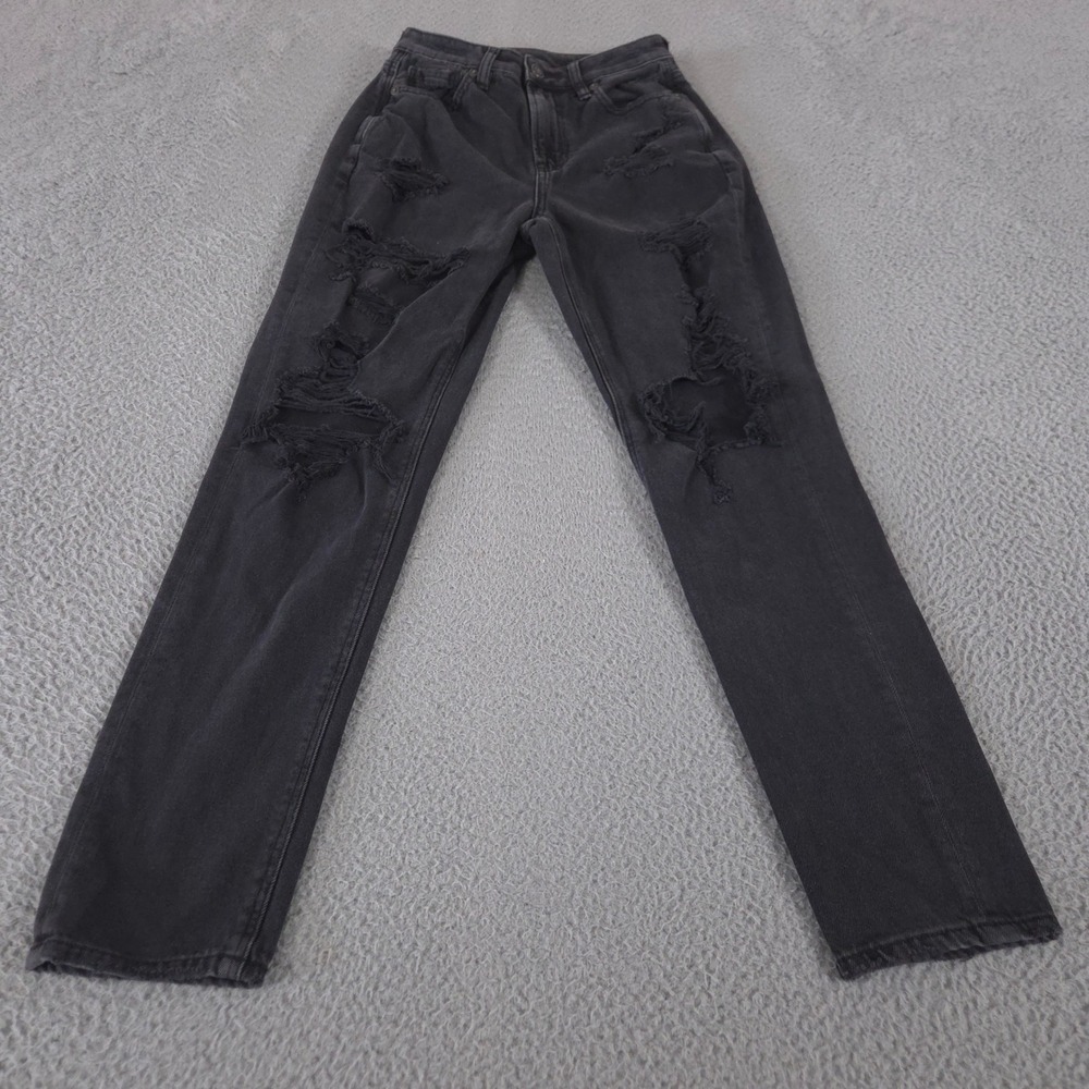 American Eagle Jeans Womens 00 Black Mom Jean Distressed Tapered Comfort Stretch
